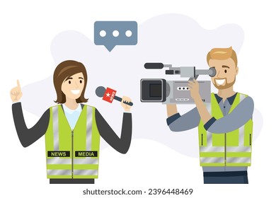 TV team wearing  yellow vests. Cartoon female reporter holds microphone and talking. Male operator with camera. Journalist filming report. People in safety uniform. Flat vector illustration