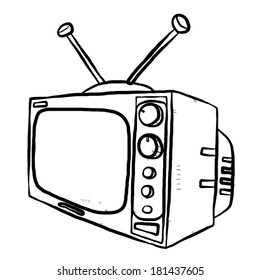 TV or television / cartoon vector and illustration, black and white, hand drawn, sketch style, isolated on white background.