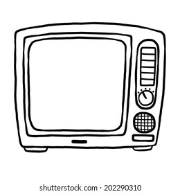 TV or television / cartoon vector and illustration, black and white, hand drawn, sketch style, isolated on white background.