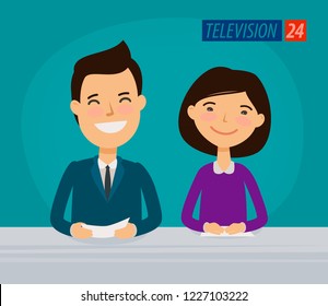 Tv, television concept. News announcer in the studio. Cartoon vector illustration
