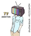 TV television mass media addiction social concept. Man with a TV for a head.  Television screen on a person's head. Brainwashing. Doodle hand drawn illustration