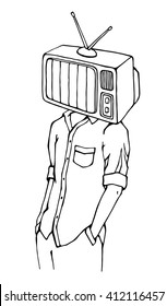 TV television mass media addiction social concept. Man with a TV for a head.  Television screen on a person's head. Brainwashing. Doodle hand drawn illustration