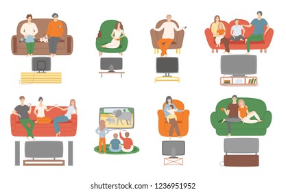 TV television watching, people sitting on couch enjoying film vector. Family and couples spending time at home looking at screen monitor entertainment