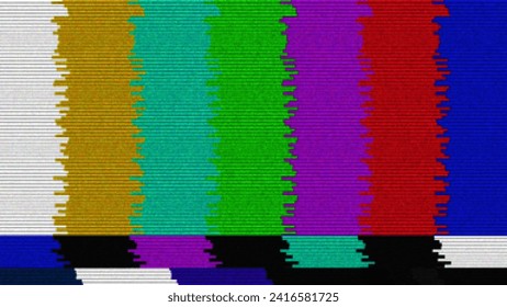 TV Test Card with Rainbow Bars. Retro Hardware Screen 1980. Glitch Art Static Noise. Broken TV Transmission. Vector Illustration.