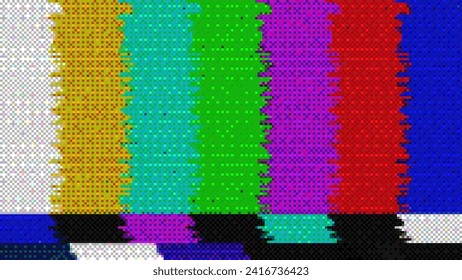 TV Test Card with Rainbow Bars. Retro Hardware Screen 1980. Glitch Art Static Noise. Broken TV Transmission. Vector Illustration.