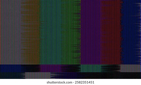TV Test Card with Rainbow Bars. Retro Hardware Screen 1980. Glitch Art Static Noise. Broken TV Transmission. Vector Illustration.