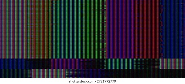 Placa de teste de TV com barras de arco-íris. Retro Hardware Screen 1980. Ruído estático de arte de falha. Transmissão de TV quebrada. Ilustração de vetor.
