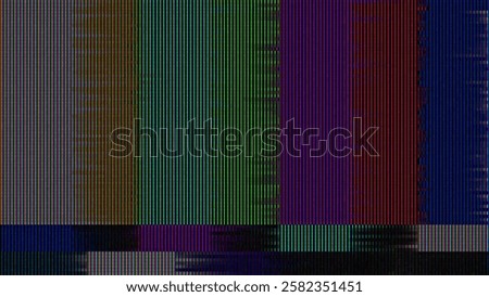 TV Test Card with Rainbow Bars. Retro Hardware Screen 1980. Glitch Art Static Noise. Broken TV Transmission. Vector Illustration.