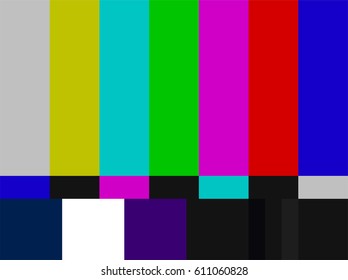 
TV test card with rainbow multi color bars and geometric signals. Technological retro hardware from the 1980s. Minimal pop art print is suitable for a textile, walls, floors.
