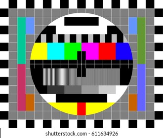 TV test card with rainbow multi color bars and geometric signals. Technological retro hardware from the 1980s. Minimal pop art print is suitable for a textile, walls, floors.