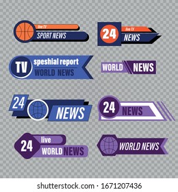 Título de la televisión. Interfaces gráficas de banner de difusión, transmisión de tv barra inferior.
Últimas noticias deportivas, falsas. Signo de interfaz. Plantillas de maquillaje listas para su diseño. 