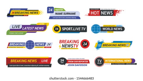 TV Title News Bar Logos, News Feeds, Television, Radio Channels. Banner Of Live Television Broadcast Media Title, Streaming Show News Sport Channel Media Tv Bar Vector Isolated