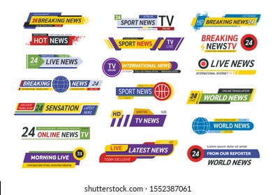 TV title news bar logos, news feeds, television, radio channels. Banner of live television broadcast media title, streaming show news sport channel media tv bar vector isolated