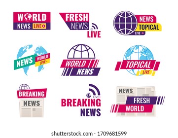 TV Title News Bar Logos. Set Of Journalism Conceptual Logo, Emblems, Icons, Labels. World Breaking Topical Fresh News, Television, Radio Channels. Television Channel Broadcasting Service Vector