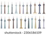 TV tower icons set cartoon vector. Tower travel. Skyline centre