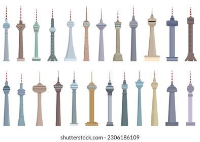 TV tower icons set cartoon vector. Tower travel. Skyline centre