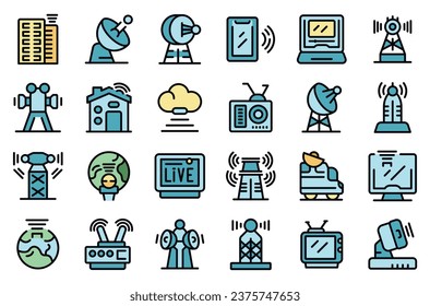 Los iconos de la torre de TV establecen el vector de contorno. Ciudad de la televisión. Color plano de línea delgada en el horizonte en blanco