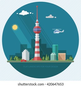 TV tower. Mass media. cityscape. Flat style vector illustration.