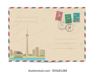 TV tower of Toronto, Canada. Vintage postal envelope with famous architectural composition, postage stamps and postmarks on white background vector illustration. Airmail postal services.