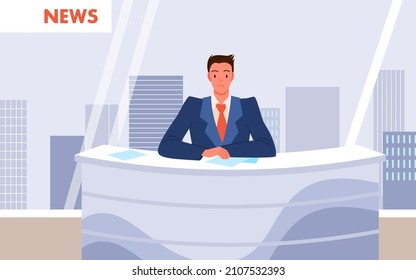 TV Translation, Breaking News In Studio With Newscaster Vector Illustration. Cartoon Man Presenter Sitting At Desk For Television News Presentation, Work Of Anchorman. Journalism, Broadcast Concept