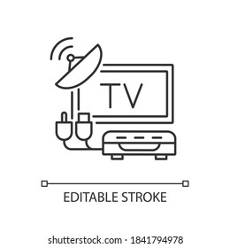 TV tuner linear icon. Home television. Digital TV tuner card. Home improvement. Satellite. Thin line customizable illustration. Contour symbol. Vector isolated outline drawing. Editable stroke