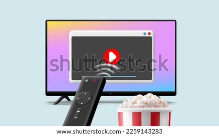 TV, turn on a movie, and enjoy popcorn. Remote content control panel. Vector illustration for advertising concepts.