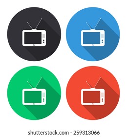 TV vector icon - colored(gray, blue, green, red) round buttons with long shadow