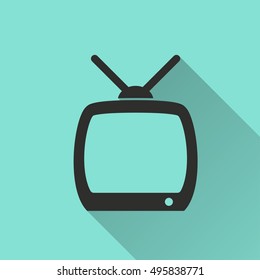TV vector icon with long shadow. black Illustration isolated on green background for graphic and web design.