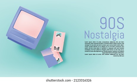 TV and VHS tapes in mood of 90's nostalgia realistic pastel color scheme vector illustration