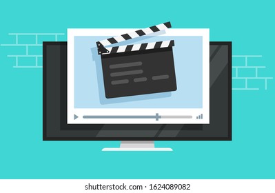 Tv video player with film slate clapper board or television cinema multimedia vector flat cartoon, idea of movie watching or streaming on computer monitor screen, cinematography concept modern design