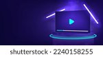 TV with a video player on the screen, stands on a futuristic platform with neon rays, smoke, light and glow. 3D TV template in perspective for media website, channels, stream, online broadcast. Vector