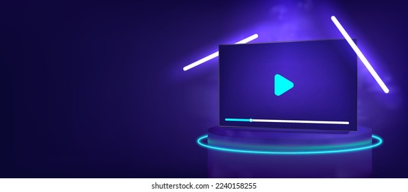 TV with a video player on the screen, stands on a futuristic platform with neon rays, smoke, light and glow. 3D TV template in perspective for media website, channels, stream, online broadcast. Vector