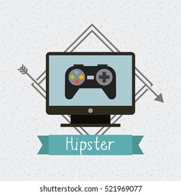 tv with videogame control icon on screen in decorative frame with arrows and ribbon. hipster style design. vector illustration