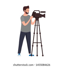 TV videographer cameramen recording material for news using video camera on tripod movie making concept. Vector illustration in flat cartoon style