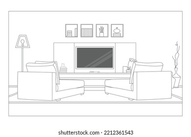 TV Wall Mount auf Kabinett Linie Zeichnung Inneneinrichtung Skizze Illustration