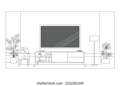 Pared de TV Montura en la línea del gabinete dibujo diseño interior dibujo dibujo ilustración de la mano