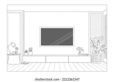 Pared de TV Montura en la línea del gabinete dibujo diseño interior dibujo dibujo ilustración de la mano