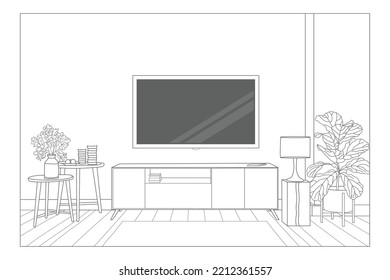 Pared de TV Montura en la línea del gabinete dibujo diseño interior dibujo dibujo ilustración de la mano
