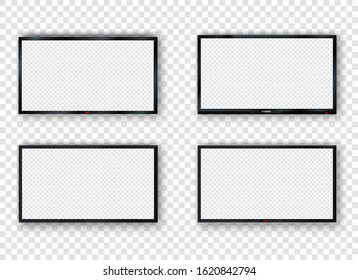 TV Wall Mounted Wide Plasma Black LED Isolated On Blank  Background. Large Mock Up Computer Monitor. Modern Blank LCD Tv Digital Screen, Display, Panel. Stylish Vector Illustration EPS 10