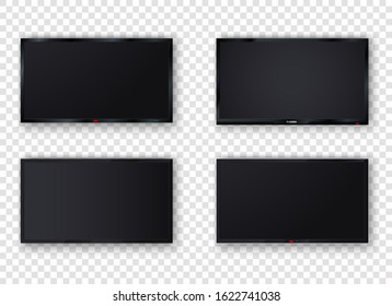 TV Wall Mounted Wide Plasma Black LED Isolated On Blank  Background. Large Mock Up Computer Monitor. Modern Blank LCD Tv Digital Screen, Display, Panel. Stylish Vector Illustration EPS 10