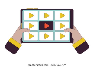 TV watching tablet linear cartoon character hands illustration. Watching video streaming app outline 2D vector image, white background. Entertainment content on gadget editable flat color clipart