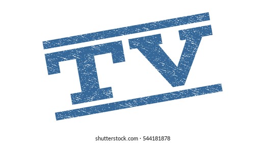 TV watermark stamp. Text caption between parallel lines with grunge design style. Rubber seal stamp with unclean texture. Vector cobalt blue color ink imprint on a white background.