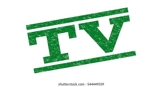 TV watermark stamp. Text caption between parallel lines with grunge design style. Rubber seal stamp with scratched texture. Vector green color ink imprint on a white background.