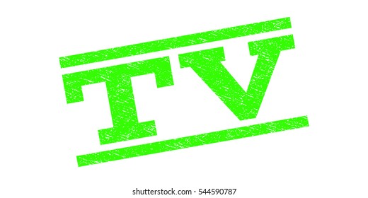 TV watermark stamp. Text caption between parallel lines with grunge design style. Rubber seal stamp with dirty texture. Vector light green color ink imprint on a white background.