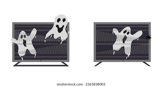 Tv waves background, no signal. Ghost concept. Horror themed scene. Ghost appeared on TV. Set. Vector illustration...