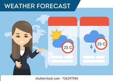 TV weather forecast. Fmale presenter showing the weather.