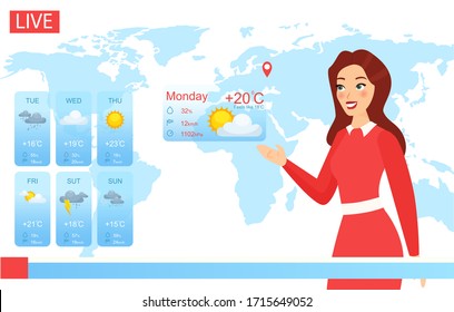 Tv Weather Forecast Report Vector Illustration. Cartoon Flat Attractive Weatherwoman Character Reporting On Climate Change In News, Newscaster Meteorologist Showing Weather Screen Chart Background