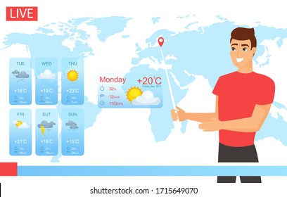 Tv Weather Forecast Report Vector Illustration. Cartoon Flat Smiling Weatherman Character Working In News, Male Reporter Meteorologist Showing Weather Screen Chart In Broadcast Television Background