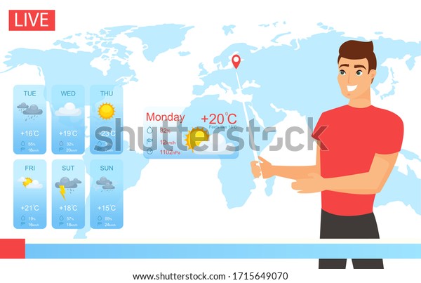 Tv weather forecast report vector
illustration. Cartoon flat smiling weatherman character working in
news, male reporter meteorologist showing weather screen chart in
broadcast television
background
