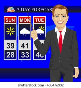 TV weather news reporter meteorologist anchorman reporting with pointer on the monitor screen